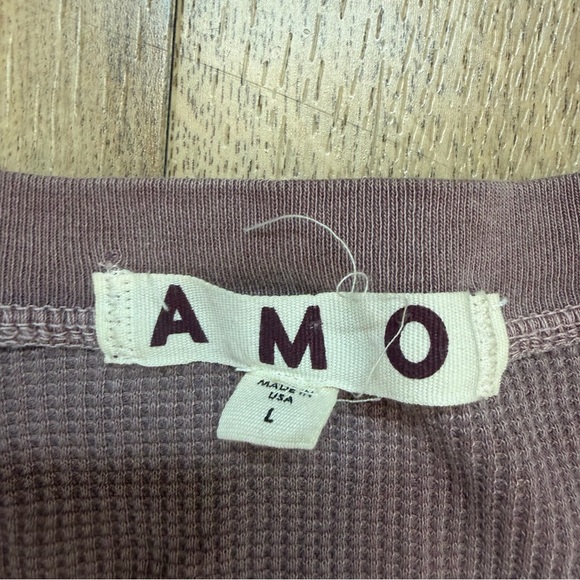 AMO Girly Thermal Long Puff Sleeve Top Waffle Knit Bloodstone Purple Size Large - Picture 11 of 12